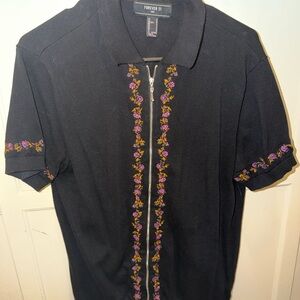 Forever 21 Black Polo Zip Shirt with Purple and Gold Floral Trim